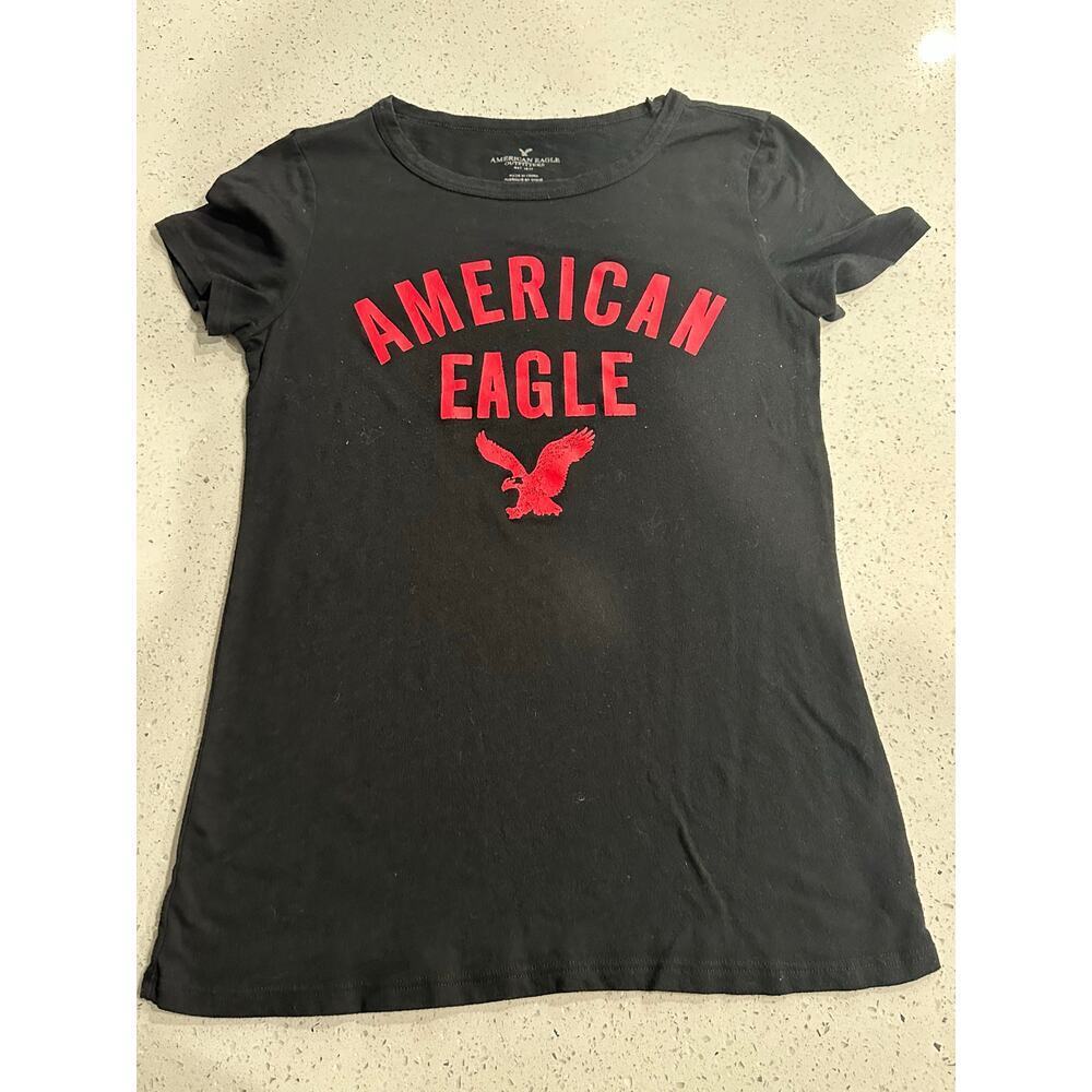 American Eagle Shirt Women’s Small Black Short Sleeve Eagle Logo Cotton Casual